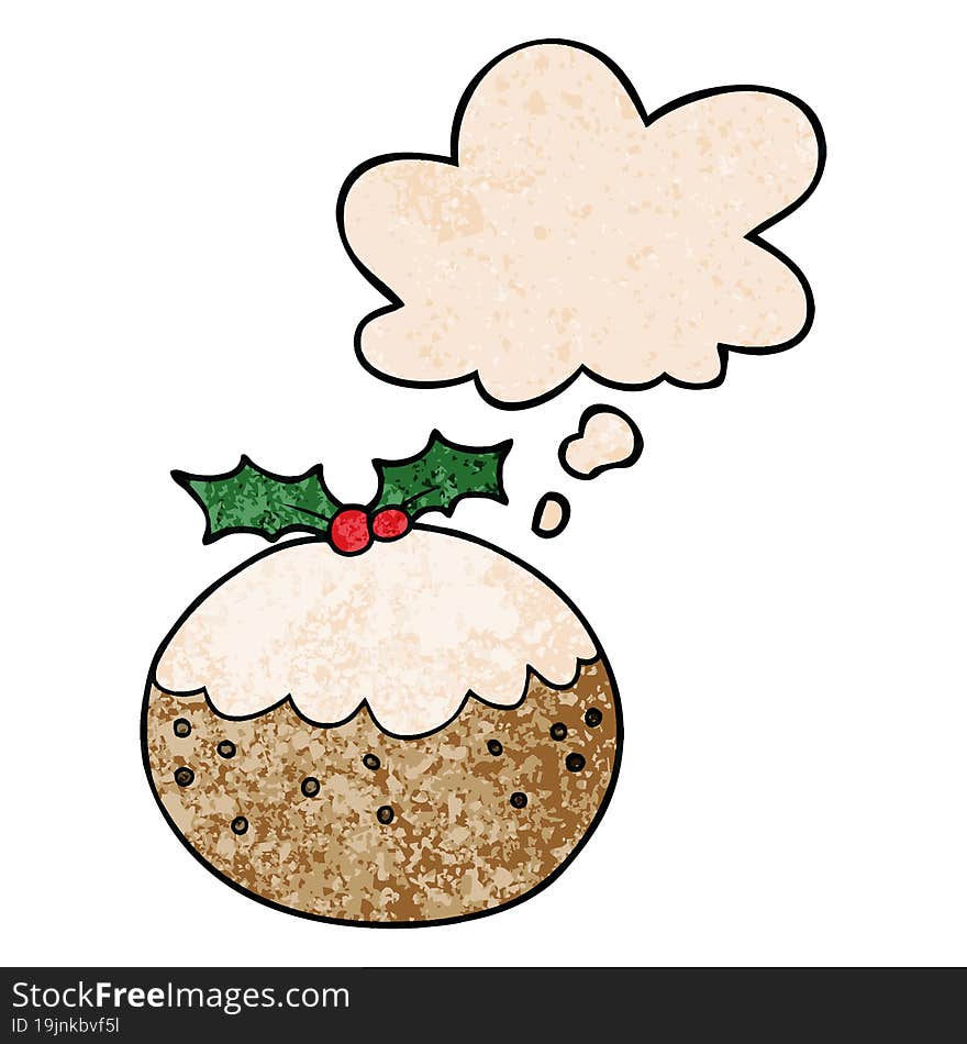 cartoon christmas pudding and thought bubble in grunge texture pattern style