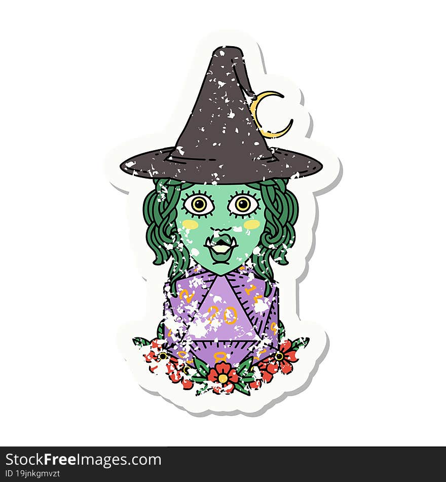 grunge sticker of a half orc witch with natural twenty dice roll. grunge sticker of a half orc witch with natural twenty dice roll