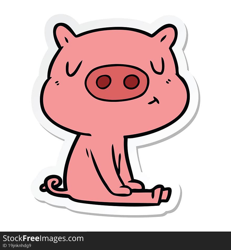 sticker of a cartoon content pig meditating