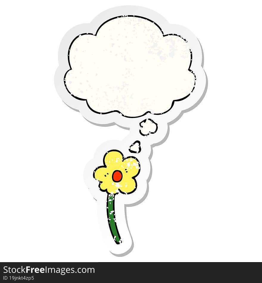 cartoon flower with thought bubble as a distressed worn sticker