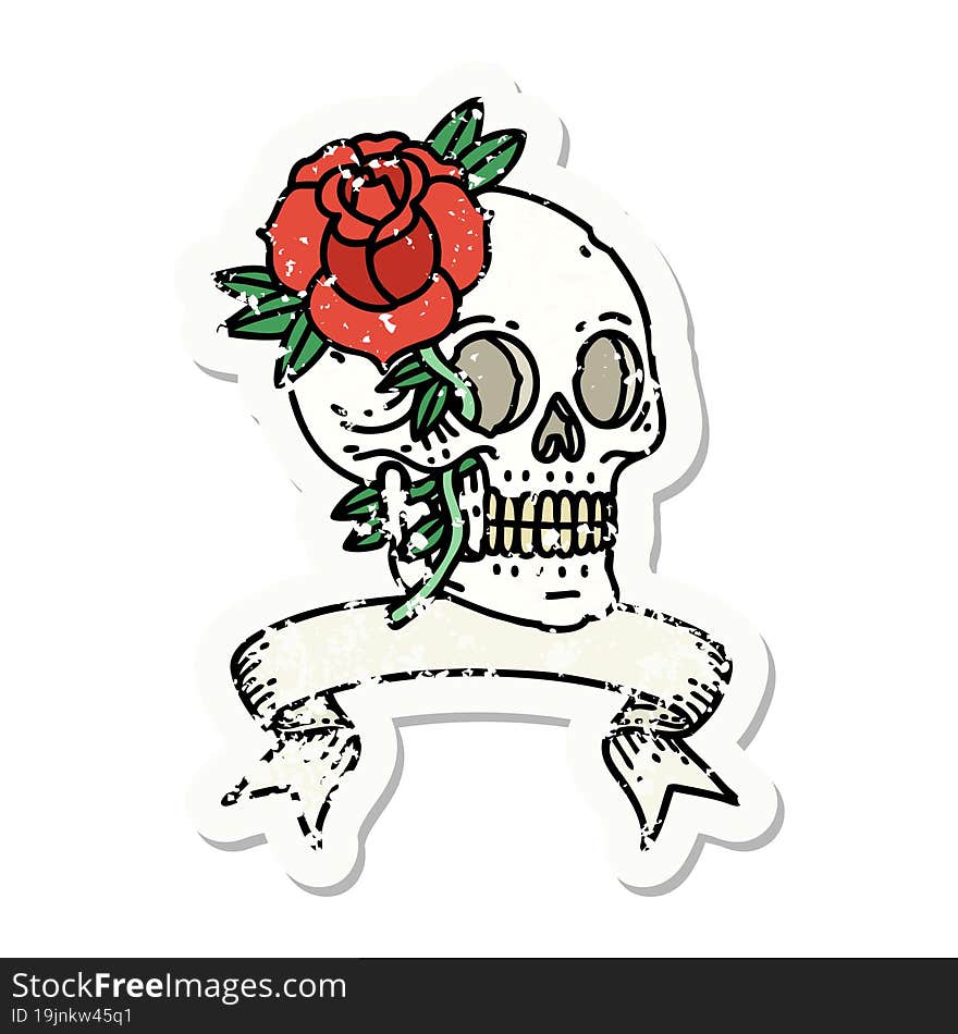 worn old sticker with banner of a skull and rose. worn old sticker with banner of a skull and rose