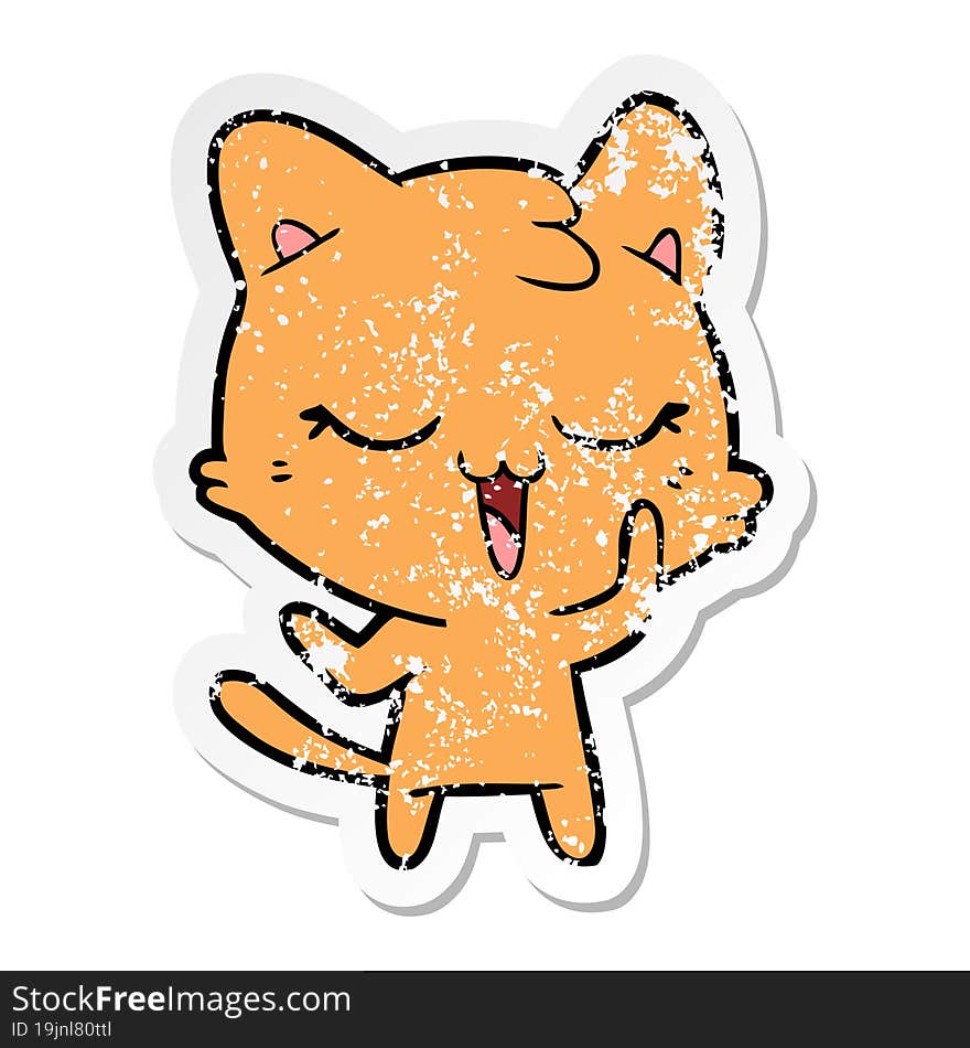 distressed sticker of a happy cartoon cat