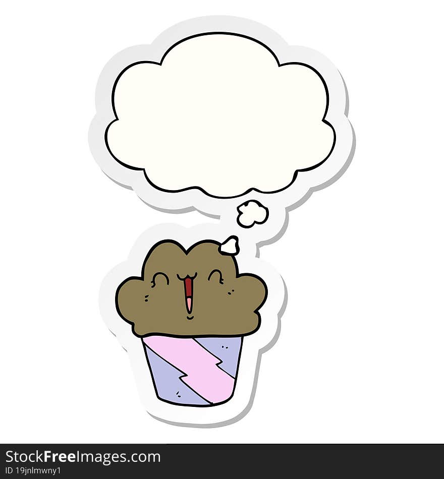 cartoon cupcake with face with thought bubble as a printed sticker