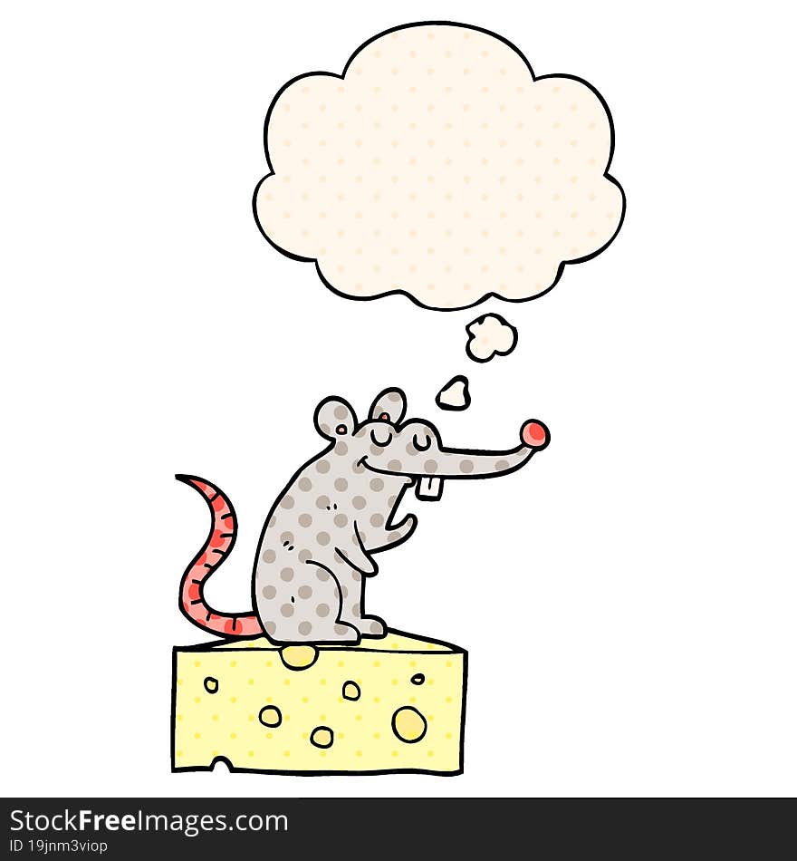 cartoon mouse sitting on cheese and thought bubble in comic book style