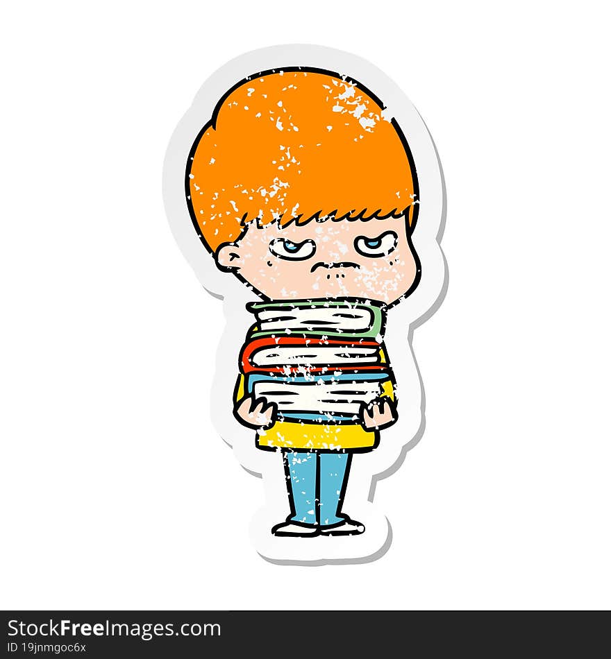 Distressed Sticker Of A Angry Cartoon Boy With Books