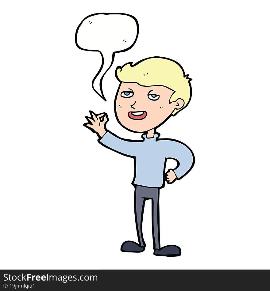 cartoon man making excellent gesture with speech bubble