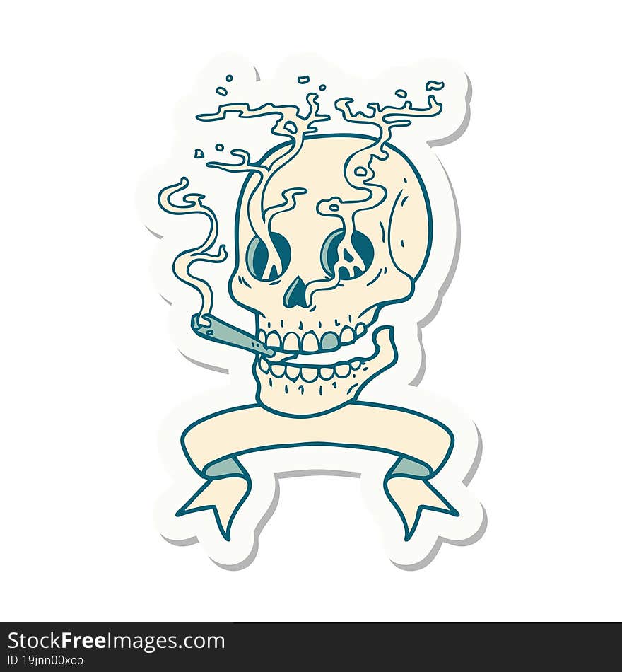 tattoo sticker with banner of a skull smoking