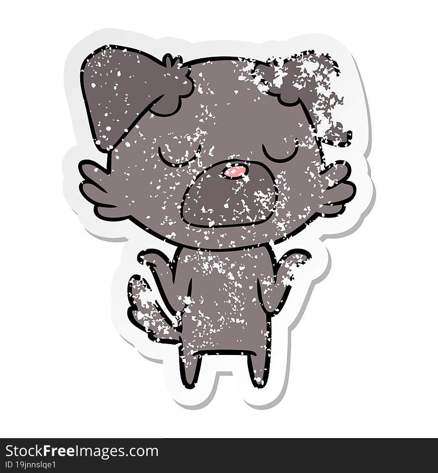 distressed sticker of a cartoon dog shrugging shoulders