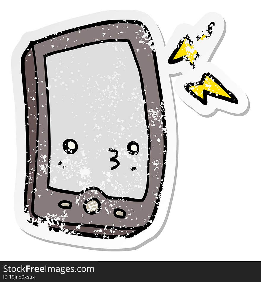 distressed sticker of a cartoon mobile phone