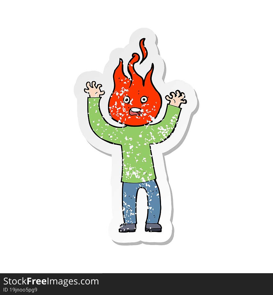 retro distressed sticker of a cartoon man with head on fire