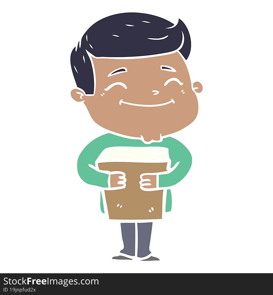 happy flat color style cartoon man holding book