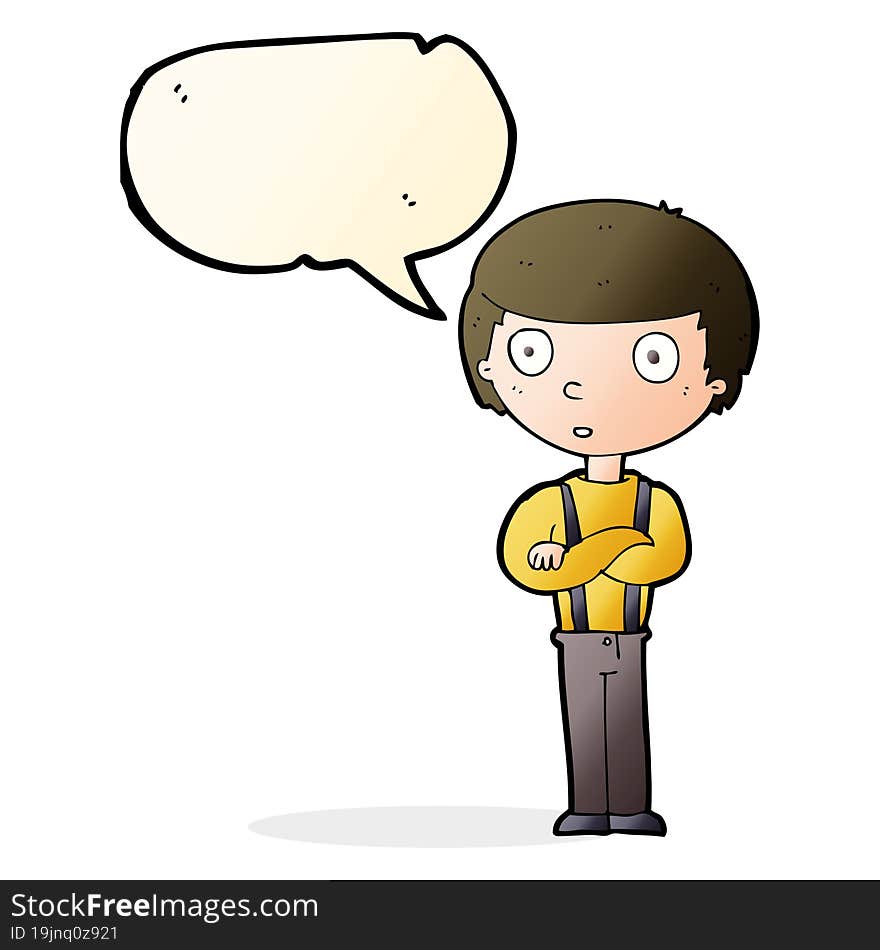 cartoon staring boy with folded arms with speech bubble