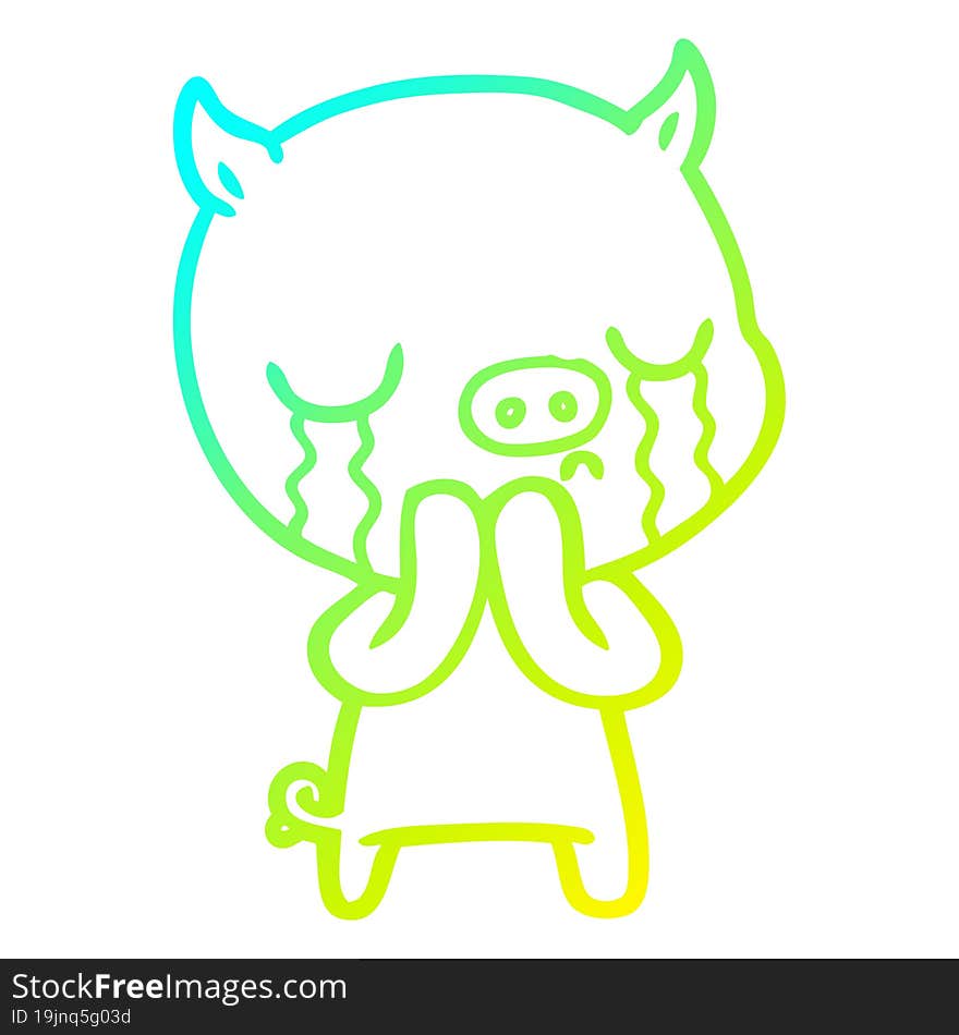 Cold Gradient Line Drawing Cartoon Pig Crying