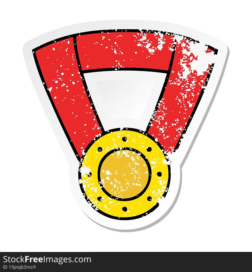 distressed sticker of a cute cartoon gold medal