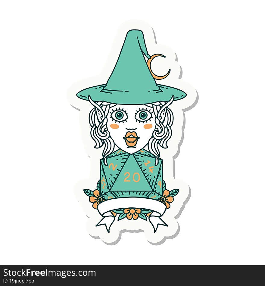 elf mage character with natural twenty dice roll sticker