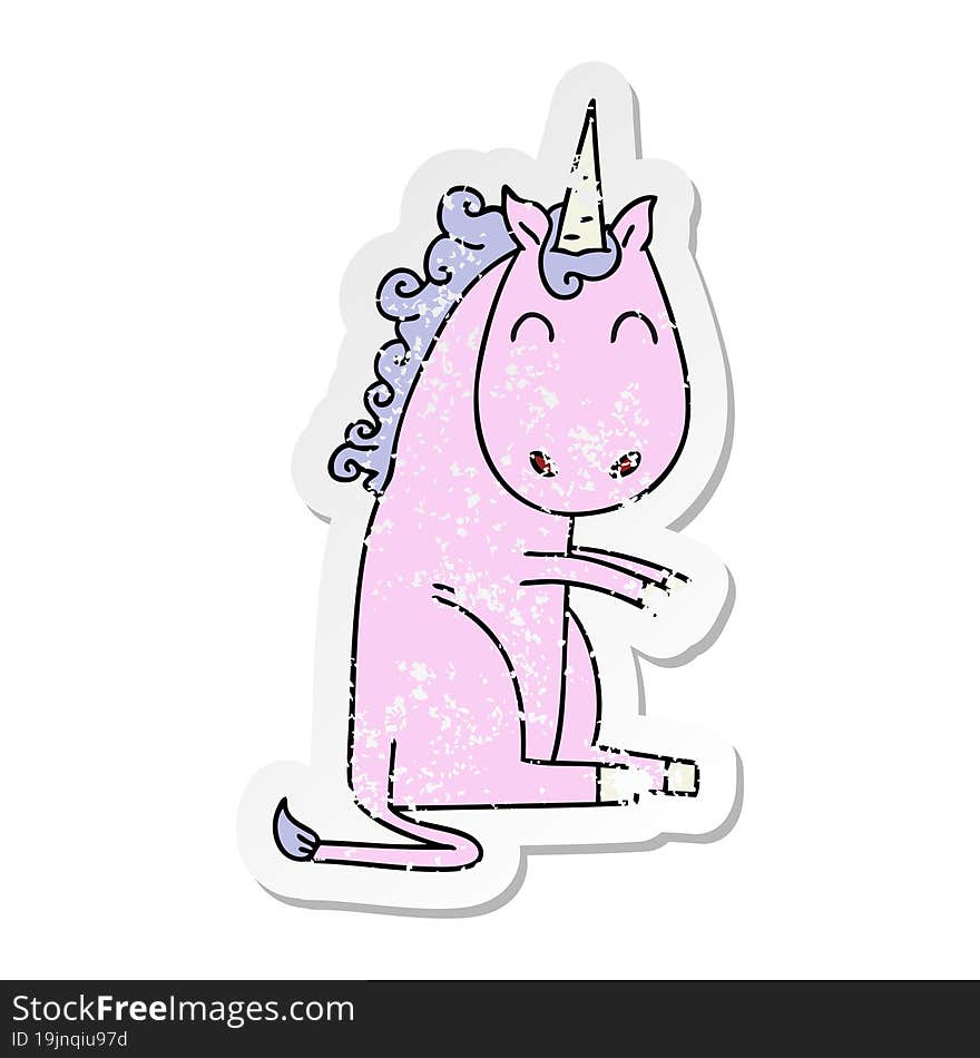 distressed sticker of a quirky hand drawn cartoon unicorn