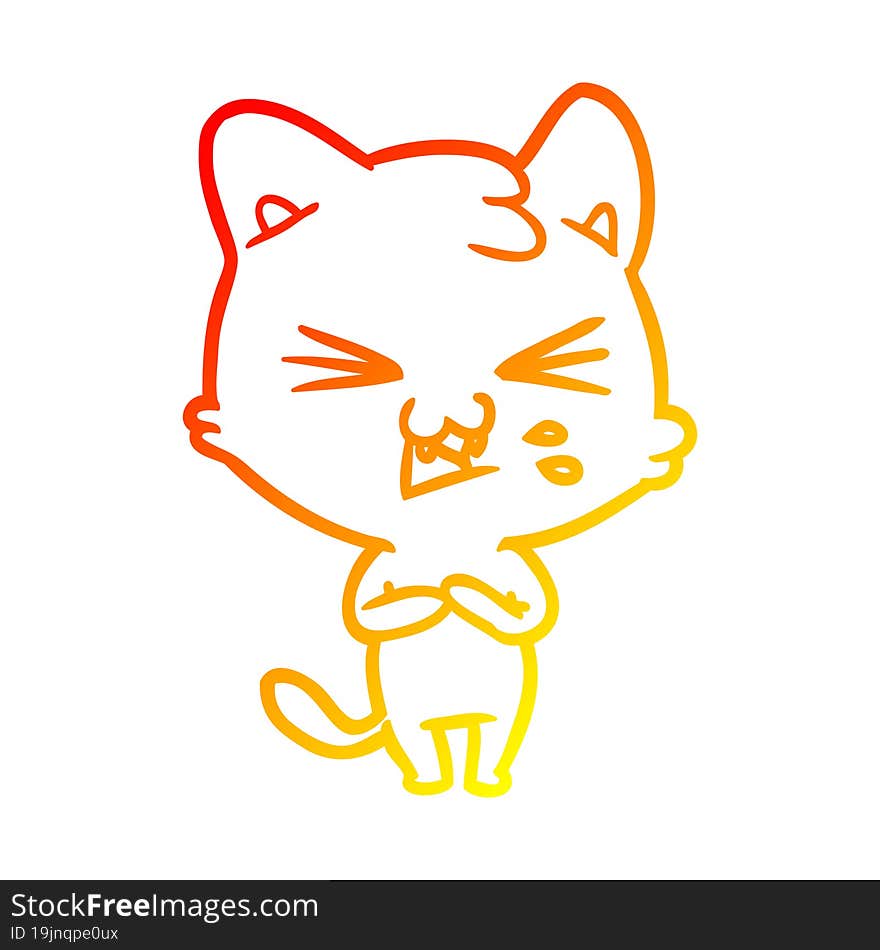 warm gradient line drawing of a cartoon cat hissing