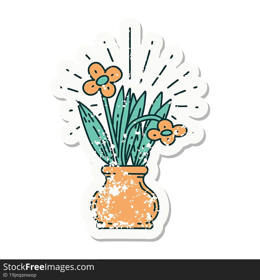 Grunge Sticker Of Tattoo Style Flowers In Vase