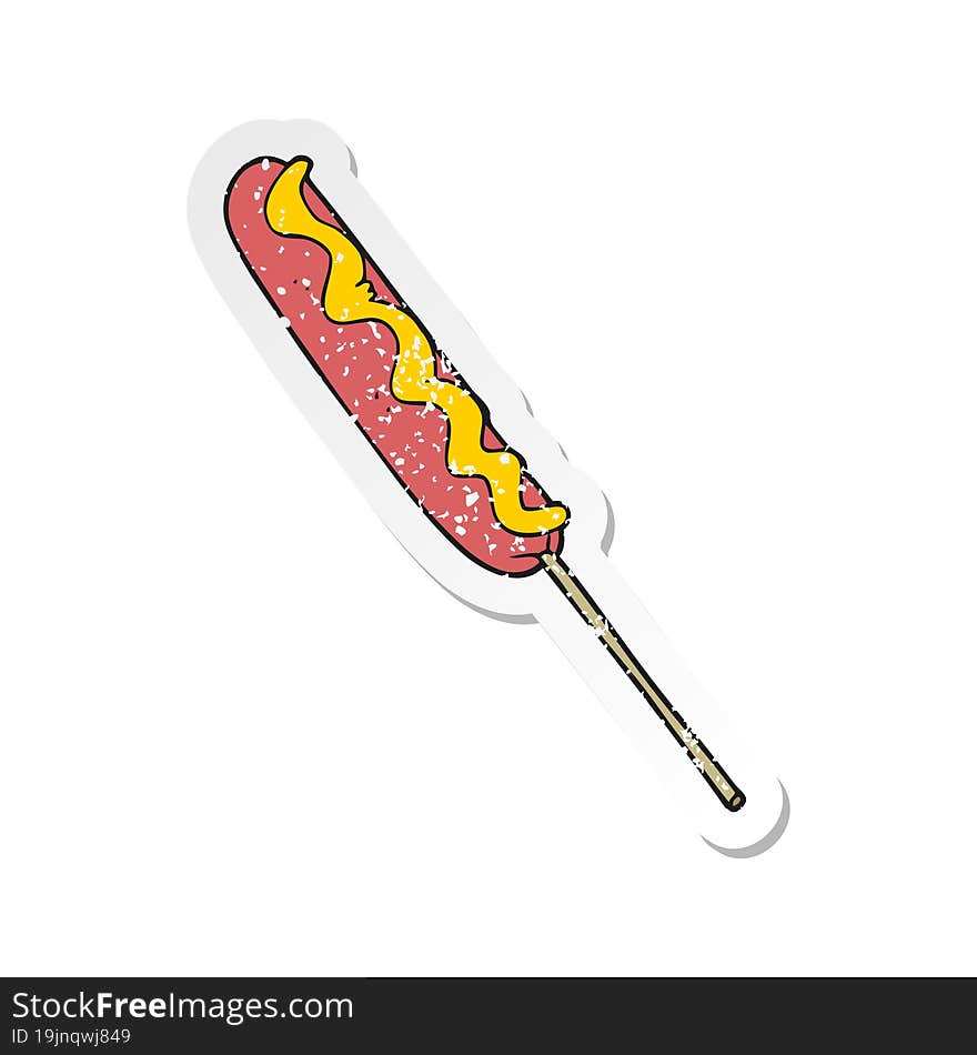 retro distressed sticker of a cartoon hotdog on a stick