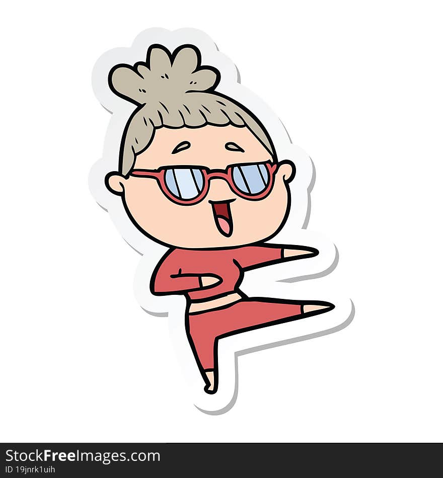 sticker of a cartoon happy woman wearing spectacles