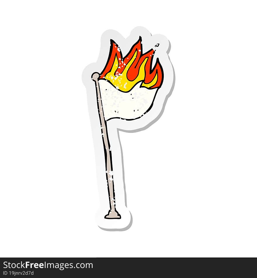 retro distressed sticker of a cartoon burning flag on pole