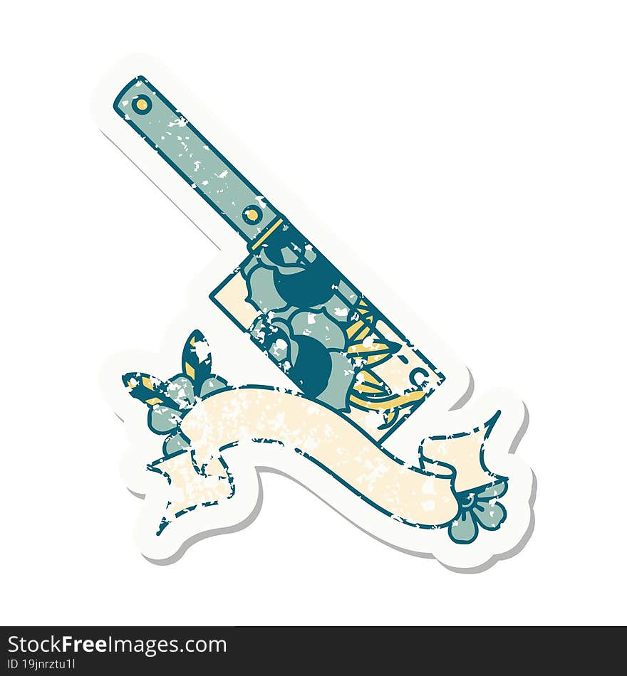 grunge sticker with banner of a cleaver and flowers