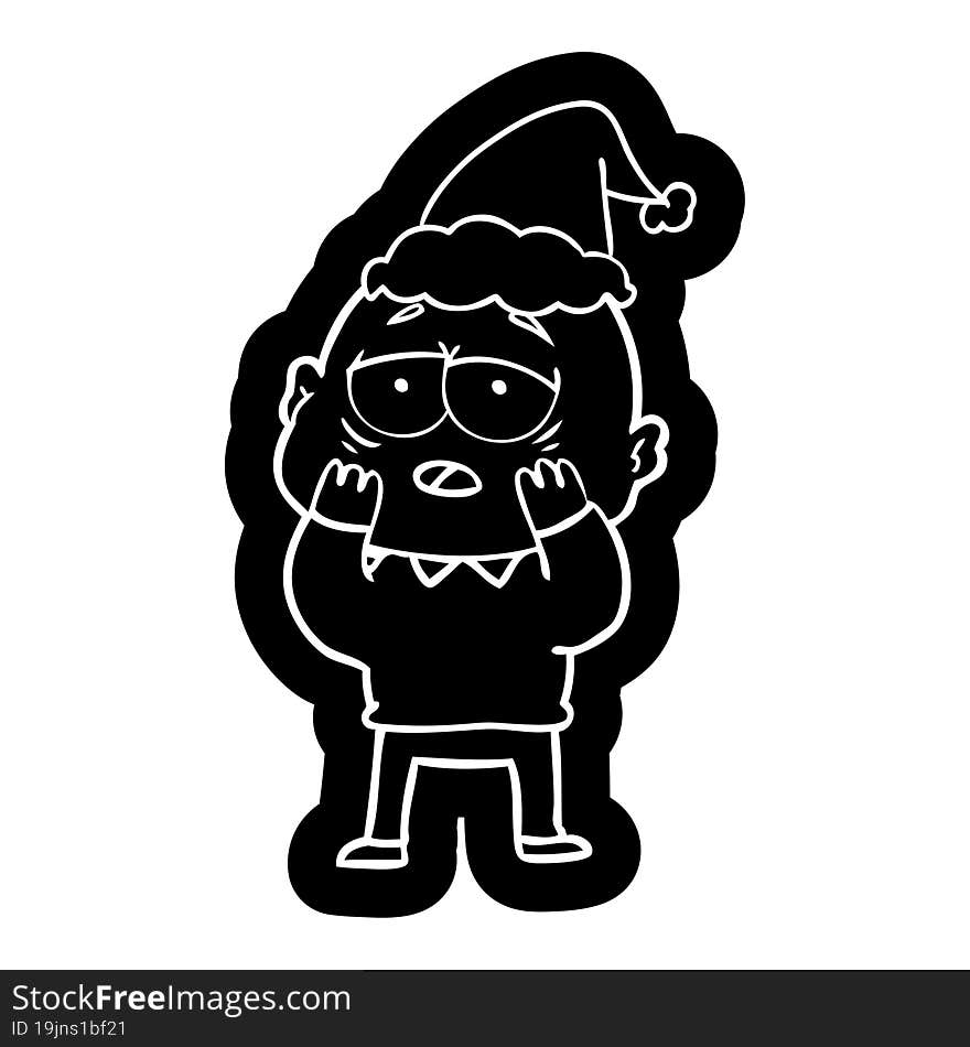 quirky cartoon icon of a tired bald man wearing santa hat