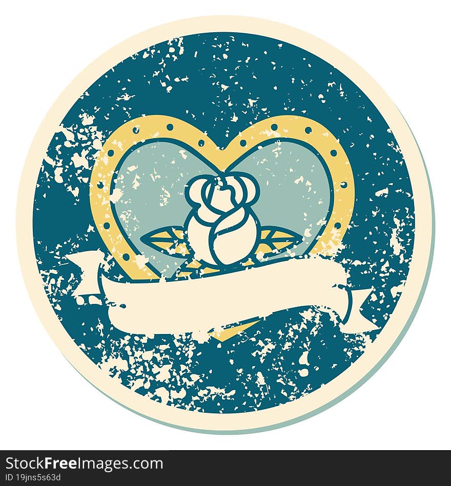 distressed sticker tattoo style icon of a heart rose and banner