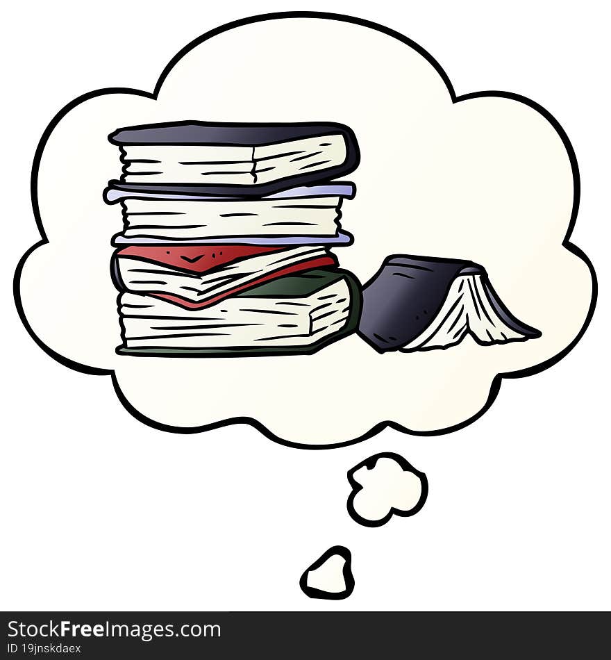 cartoon pile of books with thought bubble in smooth gradient style