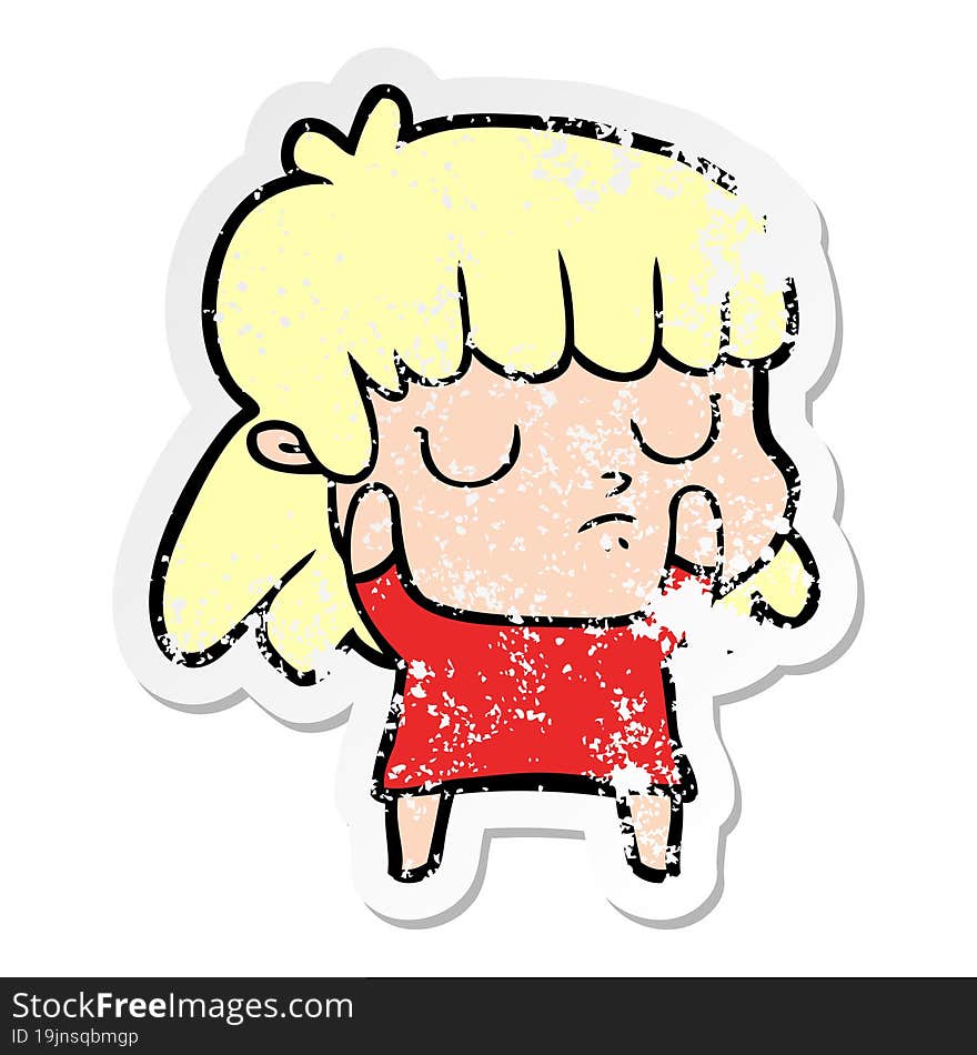 distressed sticker of a cartoon indifferent woman