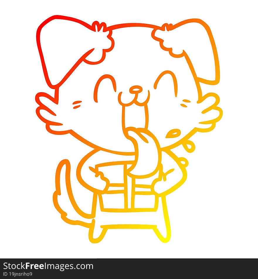 warm gradient line drawing of a cartoon panting dog with present