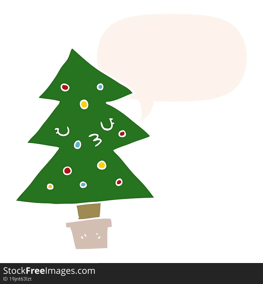 cartoon christmas tree with speech bubble in retro style