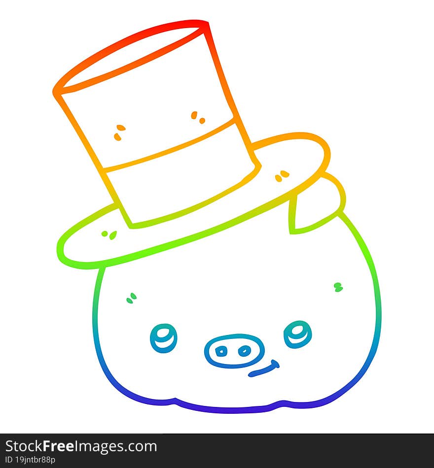 rainbow gradient line drawing of a cartoon pig wearing top hat