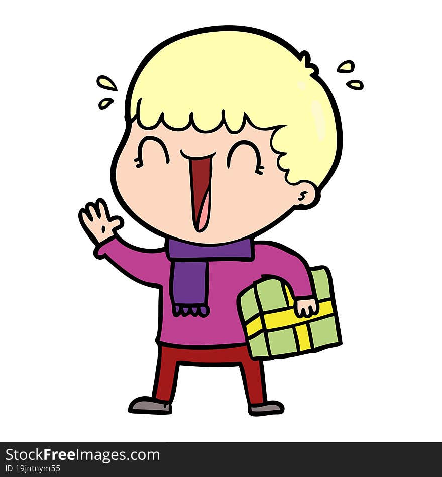 laughing cartoon man with present. laughing cartoon man with present