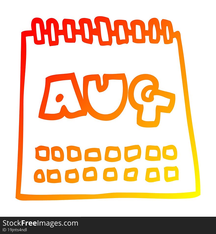 warm gradient line drawing cartoon calendar showing month of august