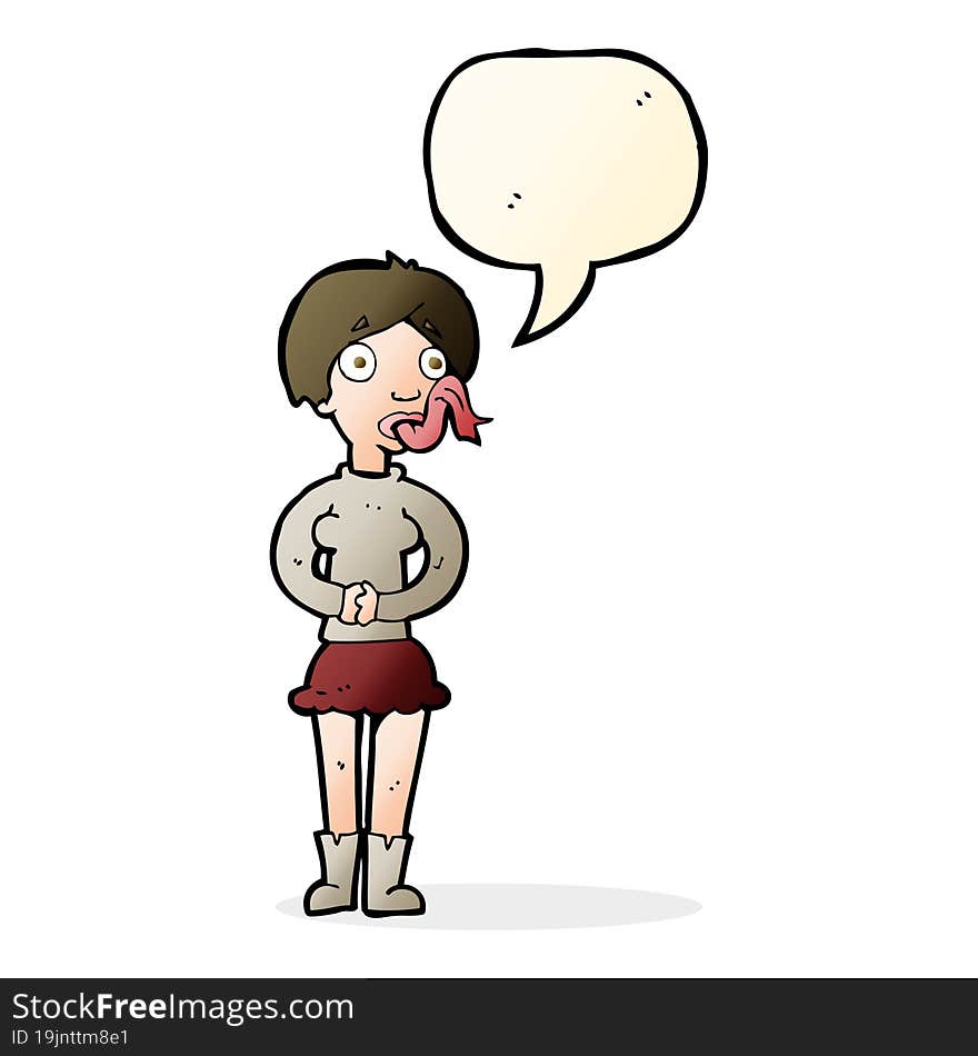 cartoon woman with snake tongue with speech bubble