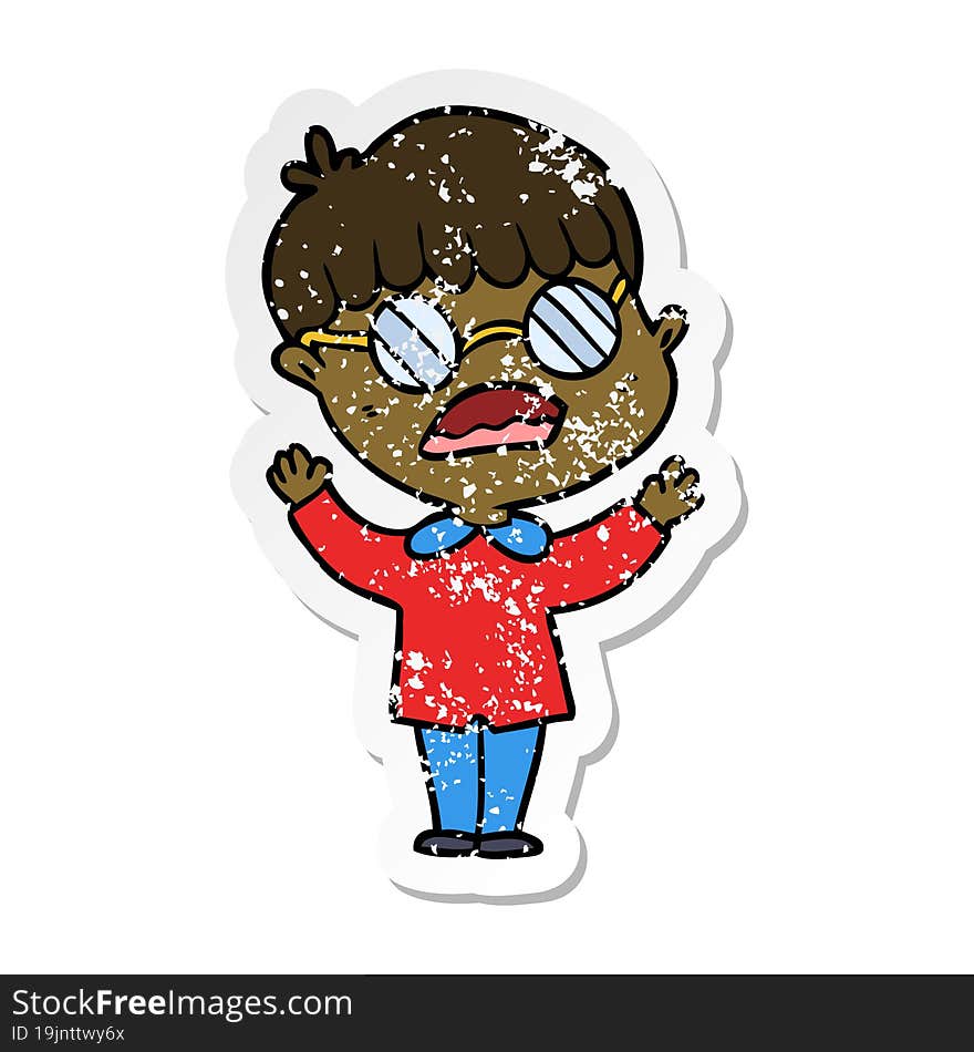 distressed sticker of a cartoon boy wearing spectacles