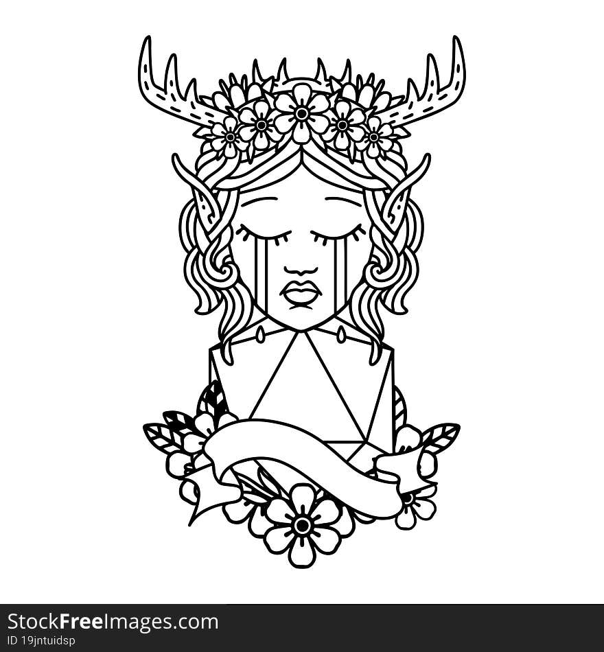 Black and White Tattoo linework Style crying elf druid character face with natural one roll. Black and White Tattoo linework Style crying elf druid character face with natural one roll