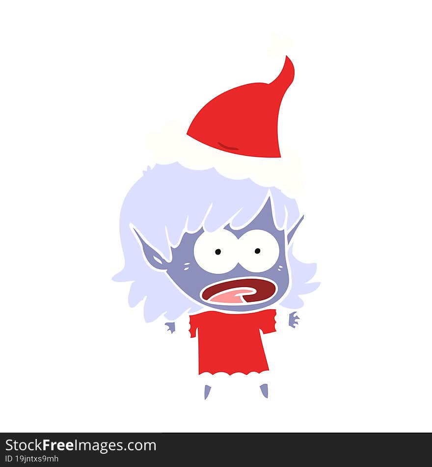 flat color illustration of a shocked elf girl wearing santa hat