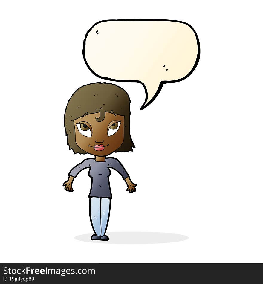 cartoon girl shrugging shoulders with speech bubble