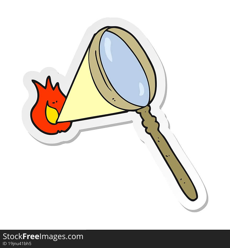 sticker of a cartoon magnifying glass burning