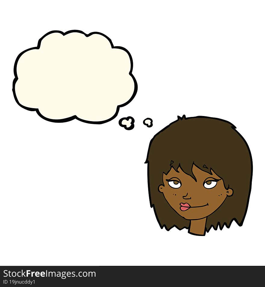 cartoon smiling woman with thought bubble