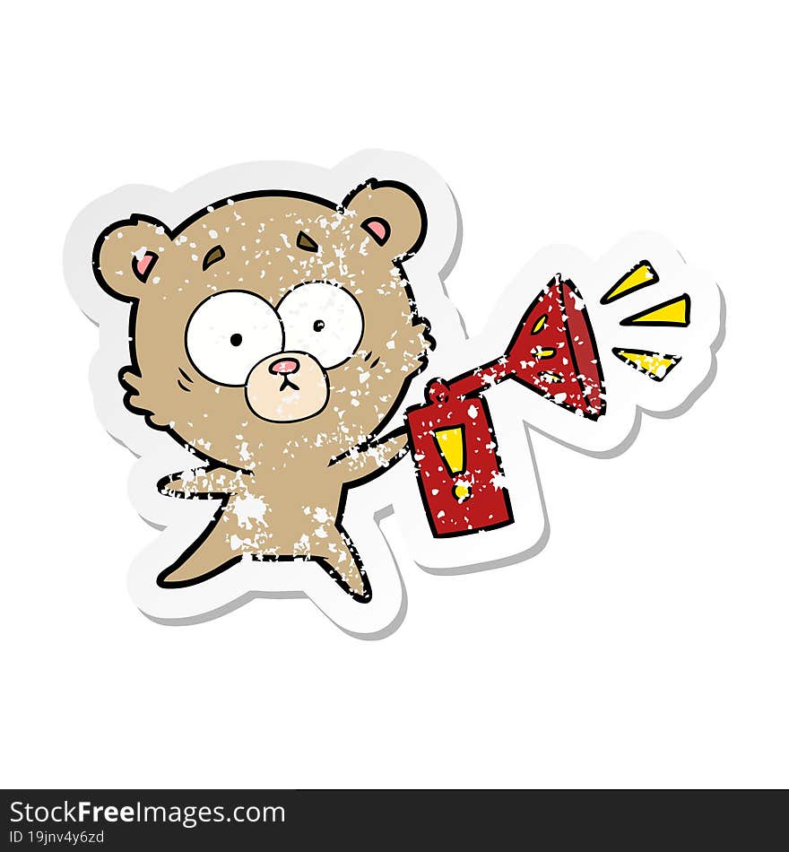 distressed sticker of a anxious bear cartoon with air horn