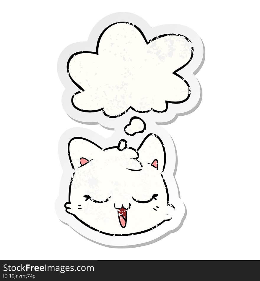 cartoon cat face with thought bubble as a distressed worn sticker