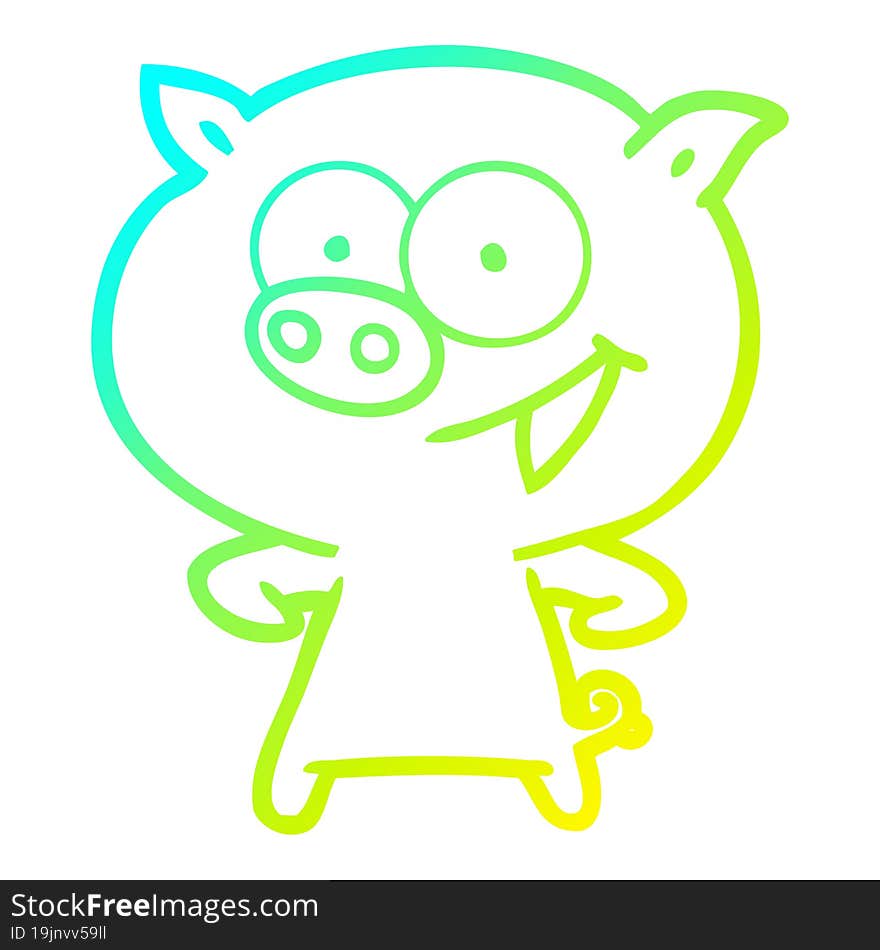 cold gradient line drawing of a cheerful pig cartoon