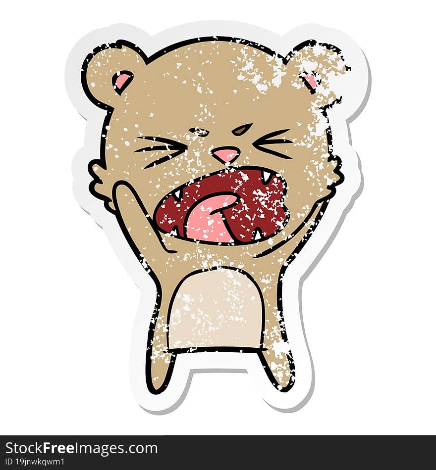 distressed sticker of a angry cartoon bear shouting