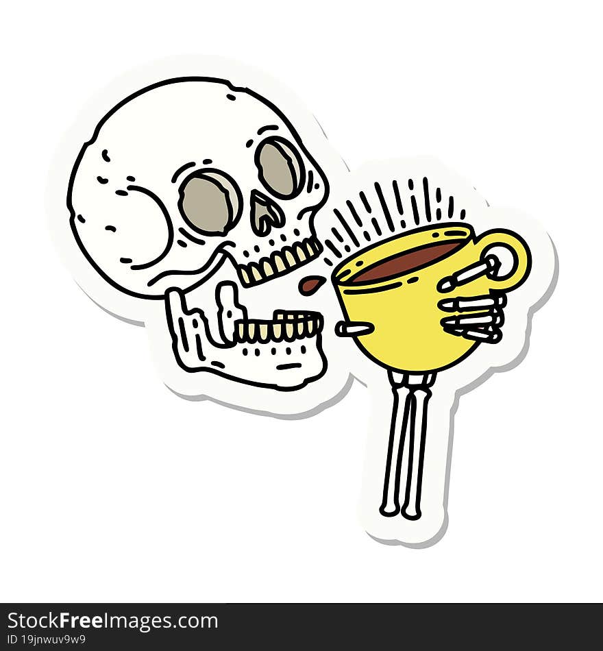 tattoo style sticker of a skull drinking coffee