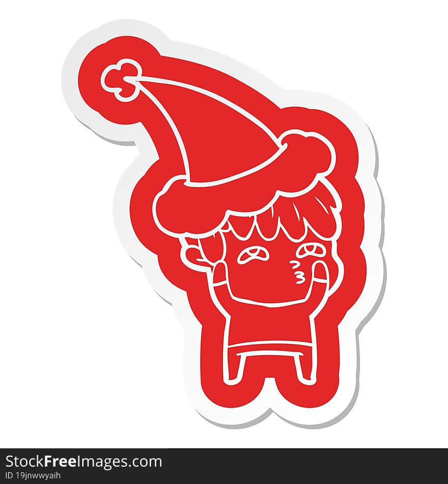 cartoon  sticker of a curious man wearing santa hat