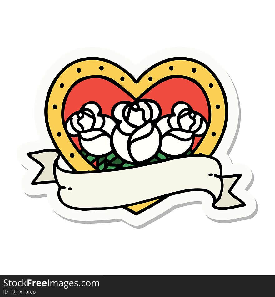 Tattoo Style Sticker Of A Heart And Banner With Flowers