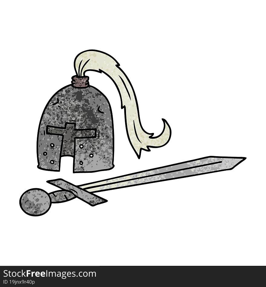 Textured Cartoon Doodle Of A Medieval Helmet And Sword